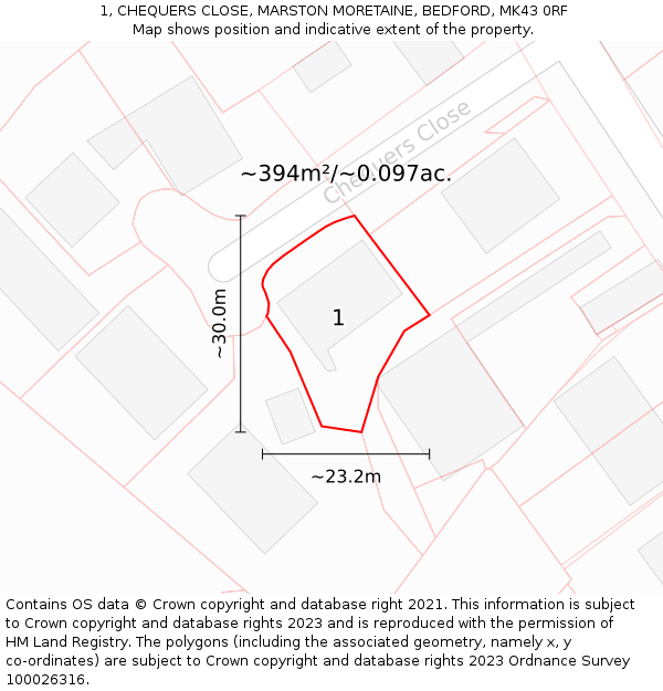 1, CHEQUERS CLOSE, MARSTON MORETAINE, BEDFORD, MK43 0RF: Plot and title map