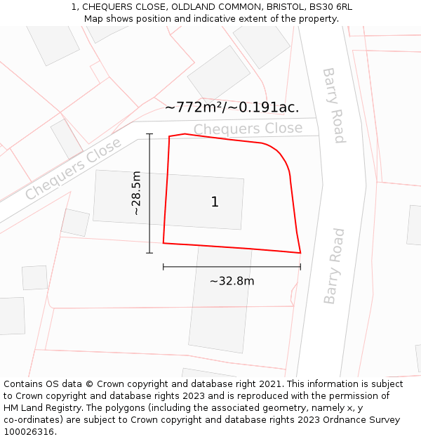 1, CHEQUERS CLOSE, OLDLAND COMMON, BRISTOL, BS30 6RL: Plot and title map