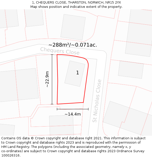 1, CHEQUERS CLOSE, THARSTON, NORWICH, NR15 2YX: Plot and title map