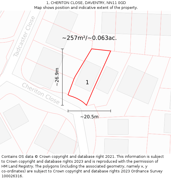 1, CHERITON CLOSE, DAVENTRY, NN11 0GD: Plot and title map