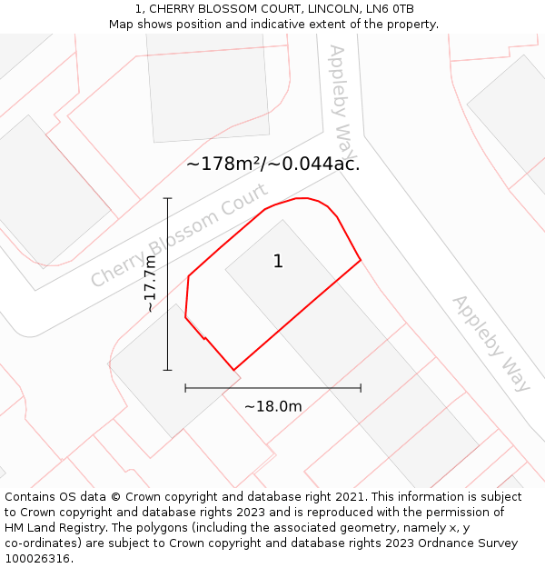 1, CHERRY BLOSSOM COURT, LINCOLN, LN6 0TB: Plot and title map