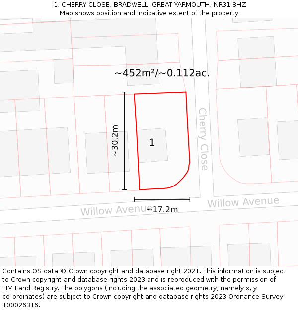 1, CHERRY CLOSE, BRADWELL, GREAT YARMOUTH, NR31 8HZ: Plot and title map