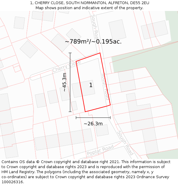 1, CHERRY CLOSE, SOUTH NORMANTON, ALFRETON, DE55 2EU: Plot and title map