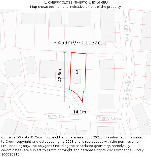 1, CHERRY CLOSE, TIVERTON, EX16 6EU: Plot and title map