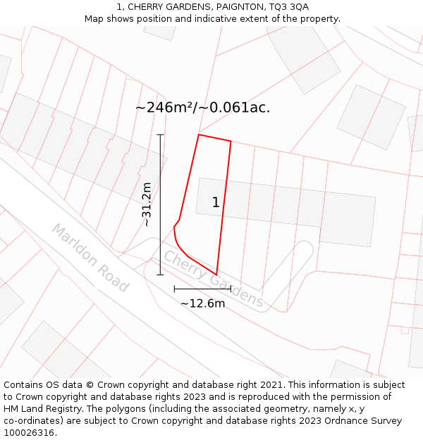 1, CHERRY GARDENS, PAIGNTON, TQ3 3QA: Plot and title map
