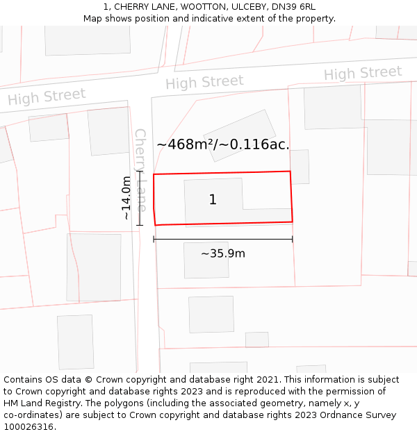 1, CHERRY LANE, WOOTTON, ULCEBY, DN39 6RL: Plot and title map