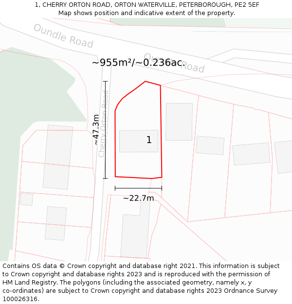 1, CHERRY ORTON ROAD, ORTON WATERVILLE, PETERBOROUGH, PE2 5EF: Plot and title map