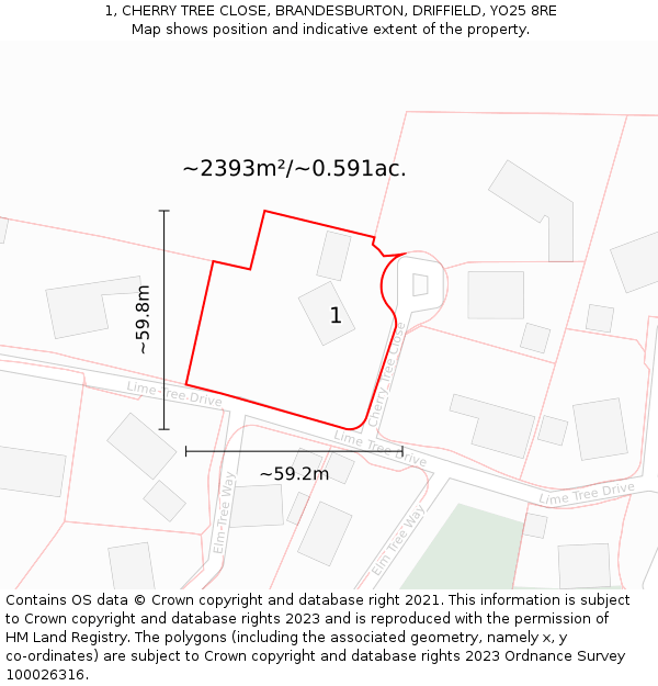 1, CHERRY TREE CLOSE, BRANDESBURTON, DRIFFIELD, YO25 8RE: Plot and title map