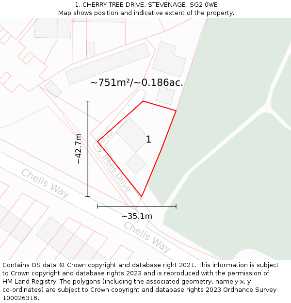 1, CHERRY TREE DRIVE, STEVENAGE, SG2 0WE: Plot and title map