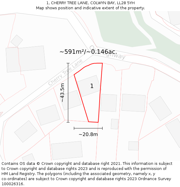 1, CHERRY TREE LANE, COLWYN BAY, LL28 5YH: Plot and title map