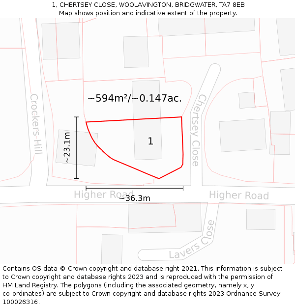 1, CHERTSEY CLOSE, WOOLAVINGTON, BRIDGWATER, TA7 8EB: Plot and title map