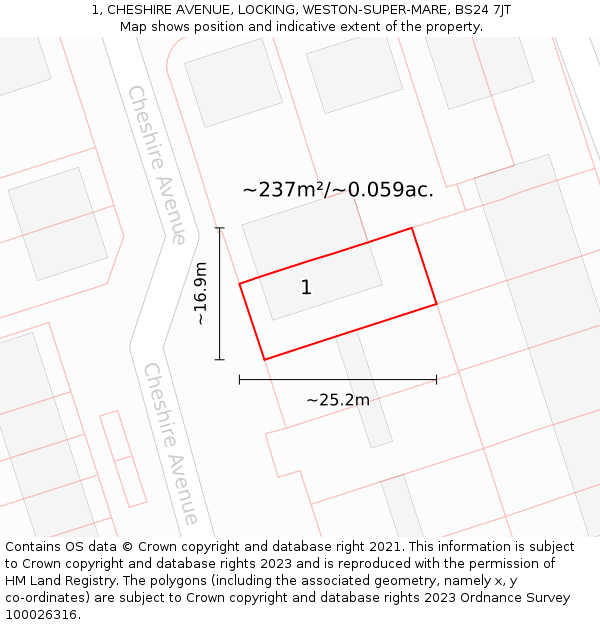 1, CHESHIRE AVENUE, LOCKING, WESTON-SUPER-MARE, BS24 7JT: Plot and title map