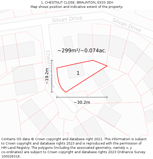 1, CHESTNUT CLOSE, BRAUNTON, EX33 2EH: Plot and title map