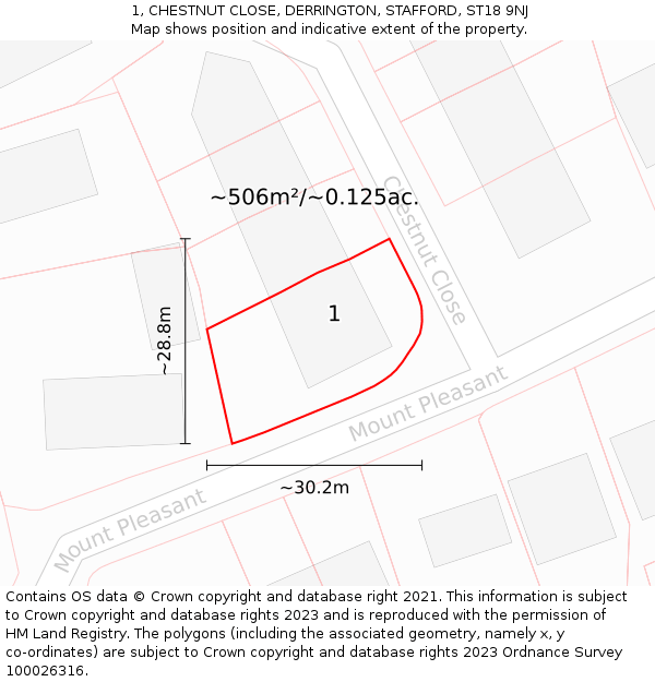 1, CHESTNUT CLOSE, DERRINGTON, STAFFORD, ST18 9NJ: Plot and title map