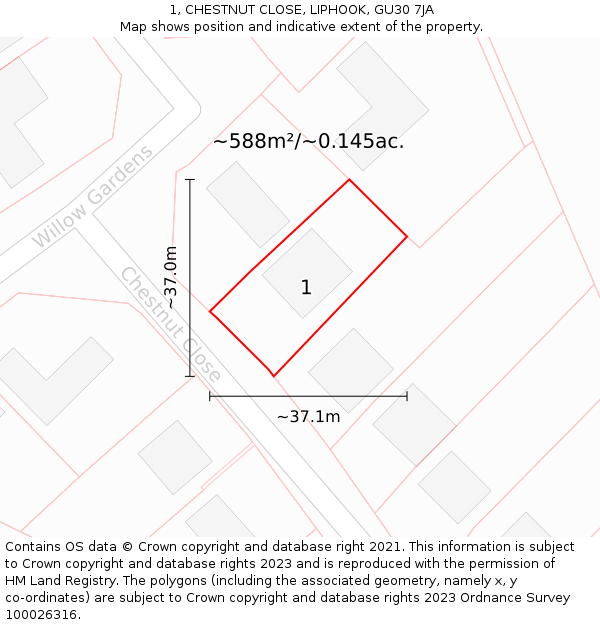 1, CHESTNUT CLOSE, LIPHOOK, GU30 7JA: Plot and title map