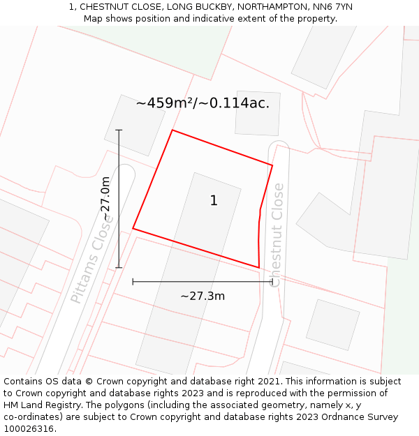 1, CHESTNUT CLOSE, LONG BUCKBY, NORTHAMPTON, NN6 7YN: Plot and title map