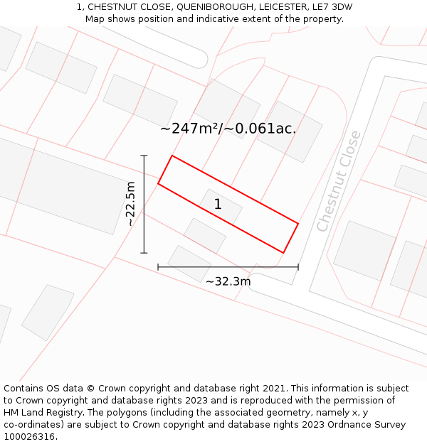 1, CHESTNUT CLOSE, QUENIBOROUGH, LEICESTER, LE7 3DW: Plot and title map