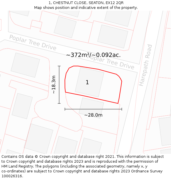 1, CHESTNUT CLOSE, SEATON, EX12 2QR: Plot and title map