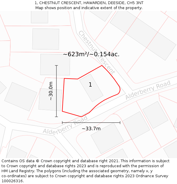 1, CHESTNUT CRESCENT, HAWARDEN, DEESIDE, CH5 3NT: Plot and title map
