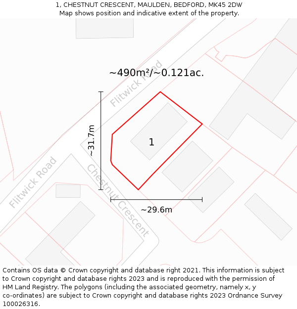 1, CHESTNUT CRESCENT, MAULDEN, BEDFORD, MK45 2DW: Plot and title map