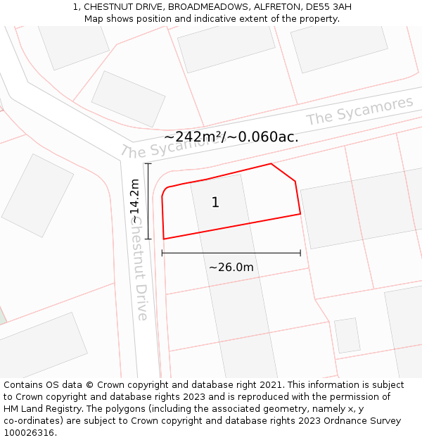 1, CHESTNUT DRIVE, BROADMEADOWS, ALFRETON, DE55 3AH: Plot and title map