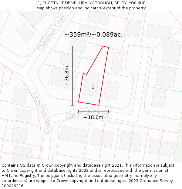 1, CHESTNUT DRIVE, HEMINGBROUGH, SELBY, YO8 6UE: Plot and title map