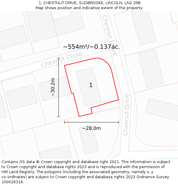 1, CHESTNUT DRIVE, SUDBROOKE, LINCOLN, LN2 2RB: Plot and title map