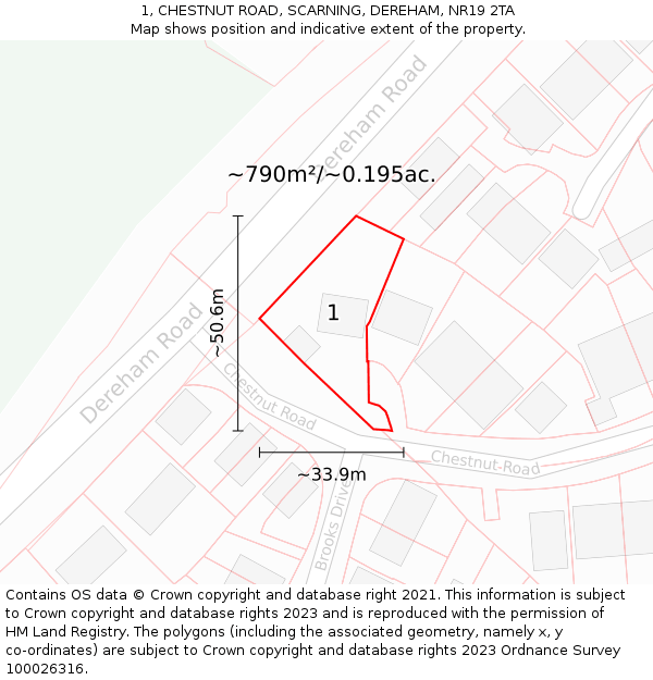 1, CHESTNUT ROAD, SCARNING, DEREHAM, NR19 2TA: Plot and title map