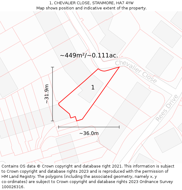 1, CHEVALIER CLOSE, STANMORE, HA7 4YW: Plot and title map