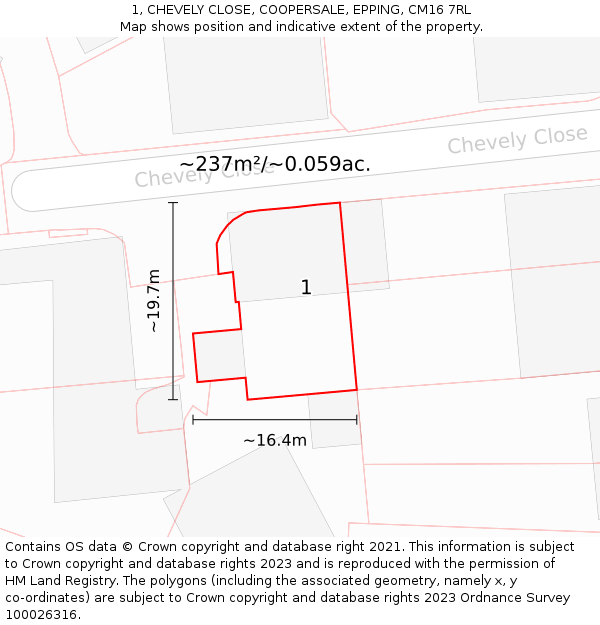 1, CHEVELY CLOSE, COOPERSALE, EPPING, CM16 7RL: Plot and title map