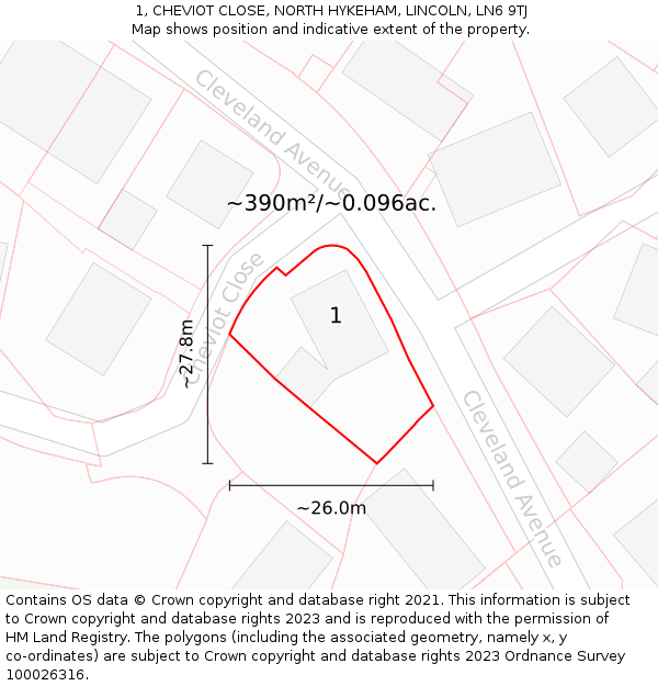1, CHEVIOT CLOSE, NORTH HYKEHAM, LINCOLN, LN6 9TJ: Plot and title map