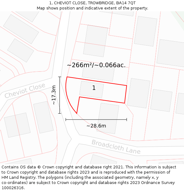 1, CHEVIOT CLOSE, TROWBRIDGE, BA14 7QT: Plot and title map
