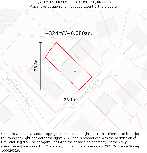 1, CHICHESTER CLOSE, EASTBOURNE, BN22 0JN: Plot and title map