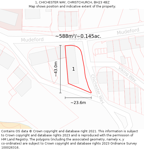 1, CHICHESTER WAY, CHRISTCHURCH, BH23 4BZ: Plot and title map