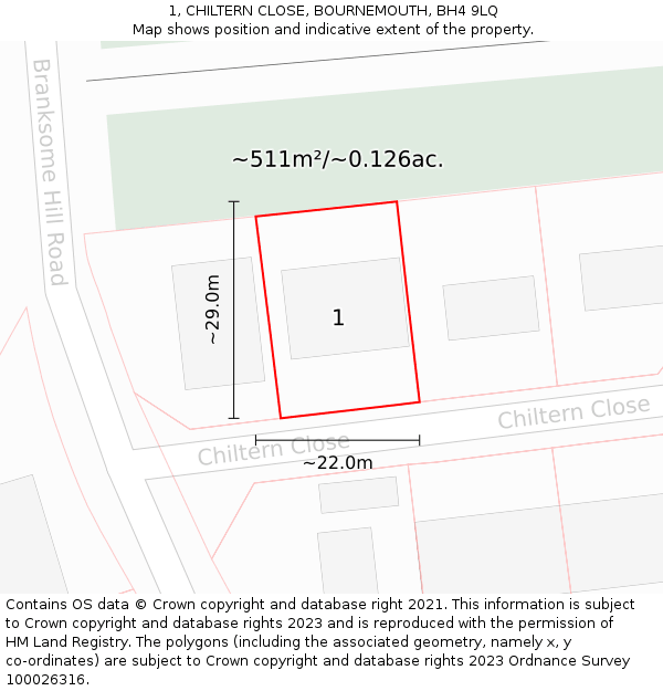 1, CHILTERN CLOSE, BOURNEMOUTH, BH4 9LQ: Plot and title map