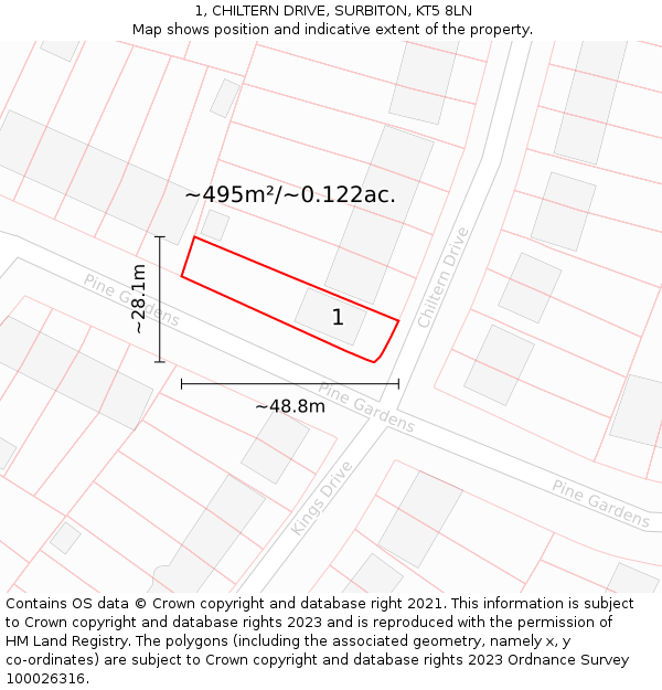 1, CHILTERN DRIVE, SURBITON, KT5 8LN: Plot and title map