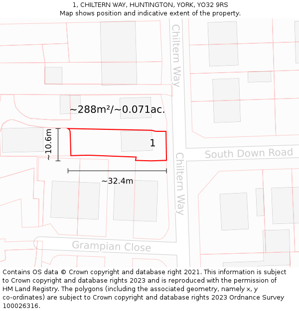 1, CHILTERN WAY, HUNTINGTON, YORK, YO32 9RS: Plot and title map