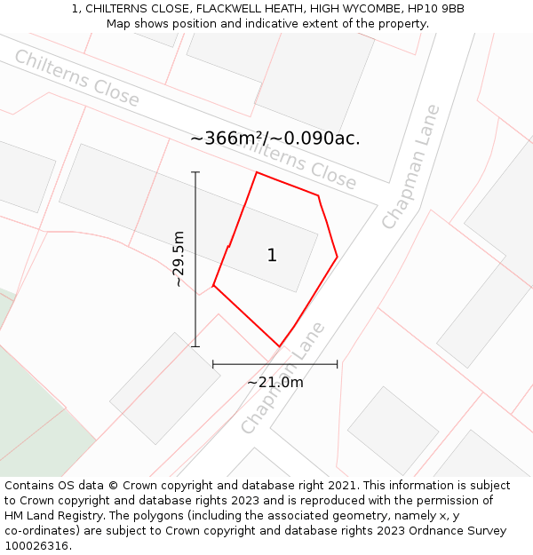 1, CHILTERNS CLOSE, FLACKWELL HEATH, HIGH WYCOMBE, HP10 9BB: Plot and title map