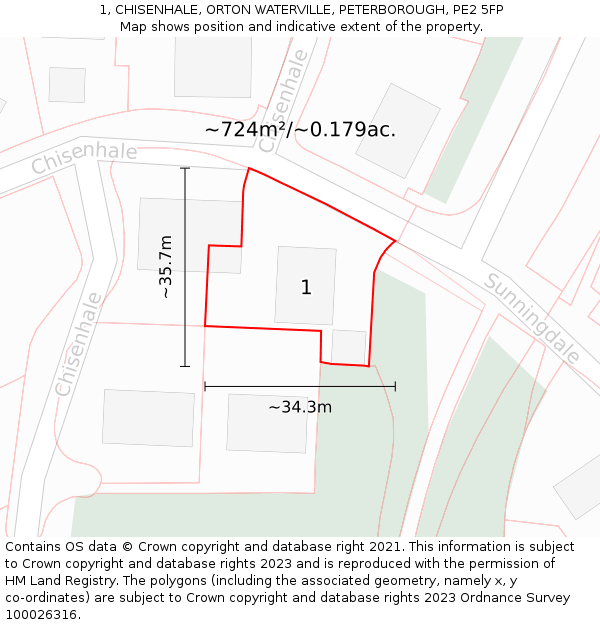 1, CHISENHALE, ORTON WATERVILLE, PETERBOROUGH, PE2 5FP: Plot and title map