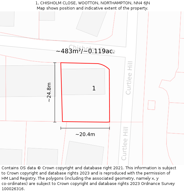 1, CHISHOLM CLOSE, WOOTTON, NORTHAMPTON, NN4 6JN: Plot and title map
