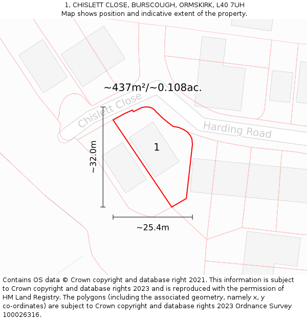 1, CHISLETT CLOSE, BURSCOUGH, ORMSKIRK, L40 7UH: Plot and title map