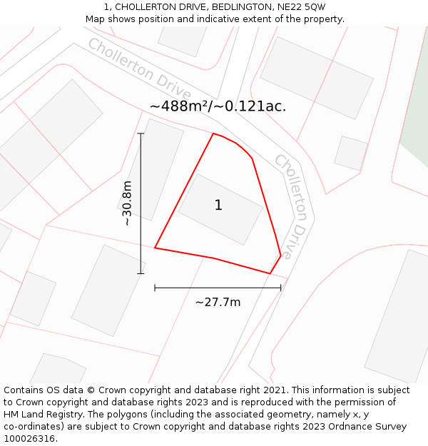1, CHOLLERTON DRIVE, BEDLINGTON, NE22 5QW: Plot and title map