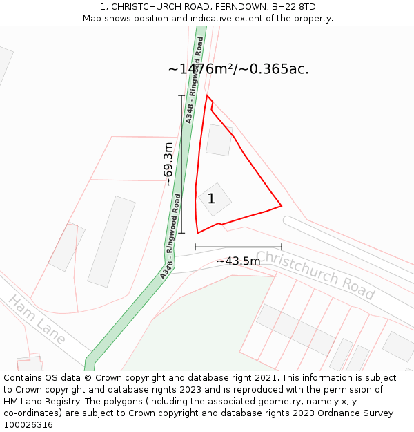 1, CHRISTCHURCH ROAD, FERNDOWN, BH22 8TD: Plot and title map