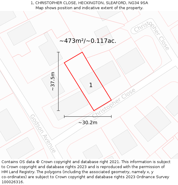 1, CHRISTOPHER CLOSE, HECKINGTON, SLEAFORD, NG34 9SA: Plot and title map