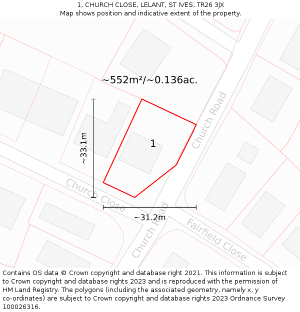 1, CHURCH CLOSE, LELANT, ST IVES, TR26 3JX: Plot and title map