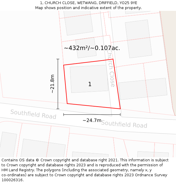 1, CHURCH CLOSE, WETWANG, DRIFFIELD, YO25 9YE: Plot and title map