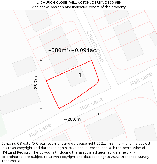 1, CHURCH CLOSE, WILLINGTON, DERBY, DE65 6EN: Plot and title map