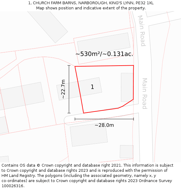 1, CHURCH FARM BARNS, NARBOROUGH, KING'S LYNN, PE32 1XL: Plot and title map