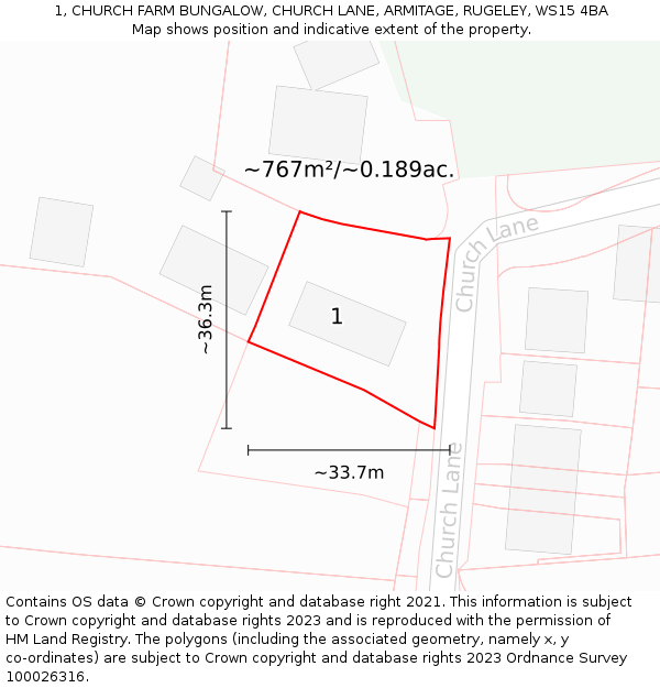 1, CHURCH FARM BUNGALOW, CHURCH LANE, ARMITAGE, RUGELEY, WS15 4BA: Plot and title map