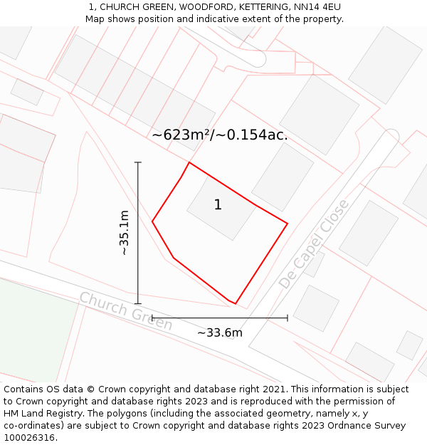 1, CHURCH GREEN, WOODFORD, KETTERING, NN14 4EU: Plot and title map